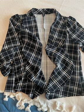 SHEIN Black and White Plaid Open-Front Blazer